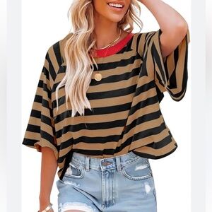 Dokotoo Oversized Striped Black and Tan Women's Cropped Tee. Size Medium. NWT.